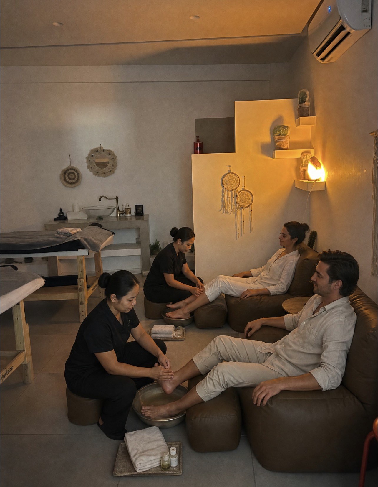 Two massage professionals performing a shared foot-washing ritual for an adult couple