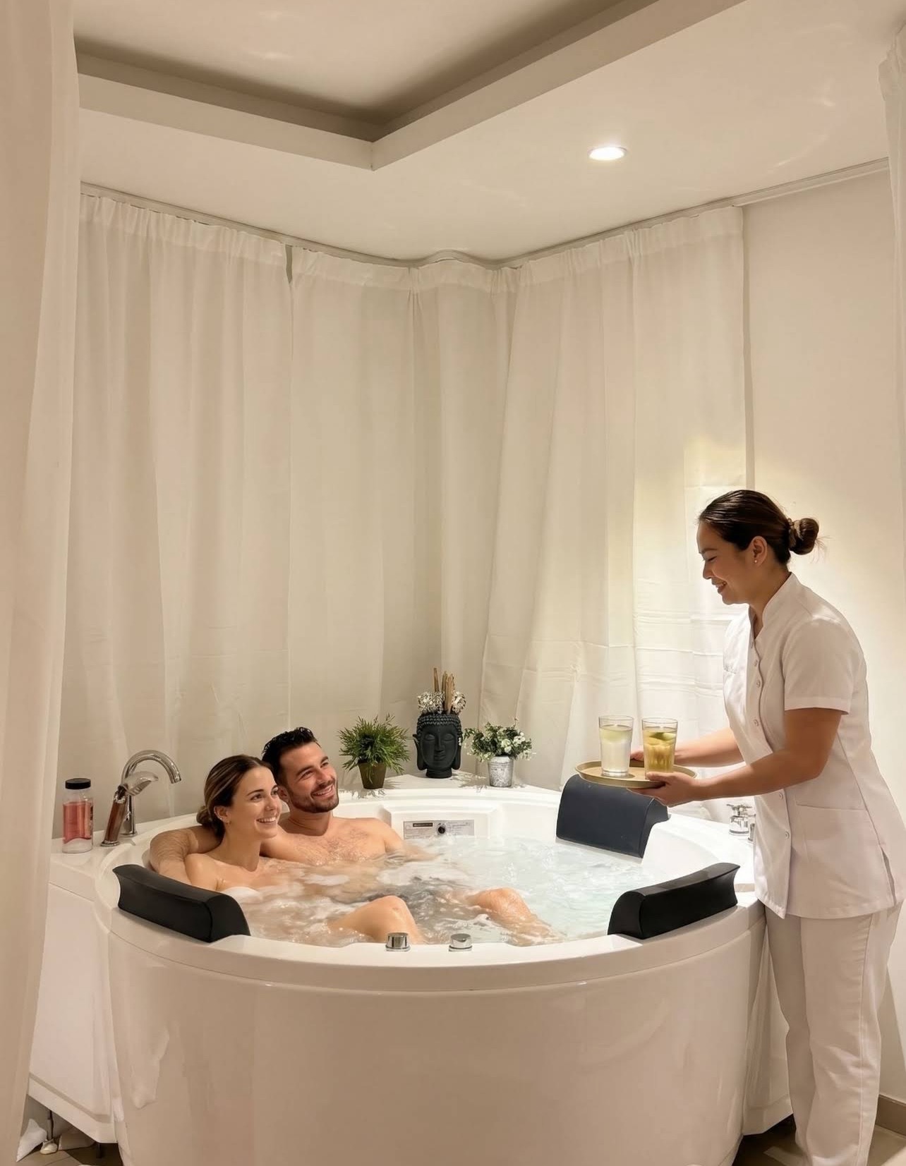 Couple enjoying a private jacuzzi ritual with spa service