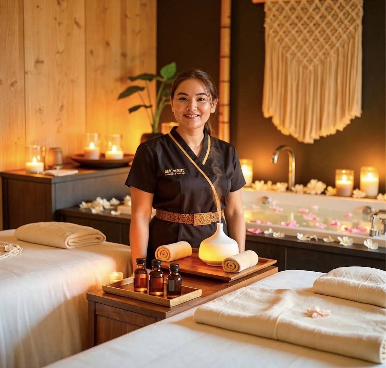 Massage therapist in a Bali-inspired treatment setting